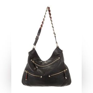 Vintage Gucci Black Leather Hobo Bag w/ Gold Hardware & Web Detail + Dust Bag